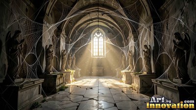 Praying in a stone crypt, angel statues stand beneath thick webs and dusty sunlight