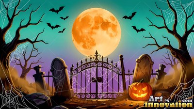 A cemetery gate with a jack-o'-lantern under a full orange moon