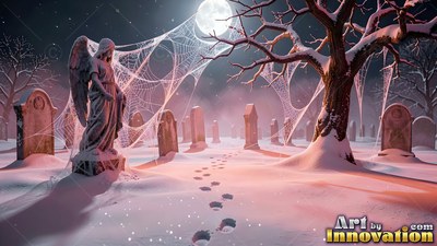 Stone wings draped in cobwebs on an angel statue in a snowy cemetery under moonlight