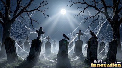 Two black ravens perch on tombstones covered in thick spiderwebs under pale blue moonlight