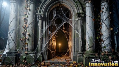 Front view of a stone tomb covered in cobwebs with a lit candle inside