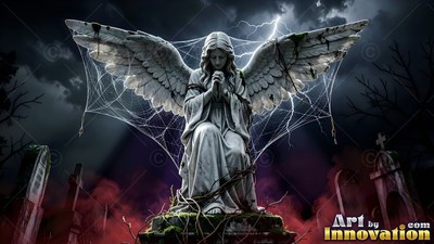 A stone angel kneels in prayer under lightning and cobwebs in a dark cemetery