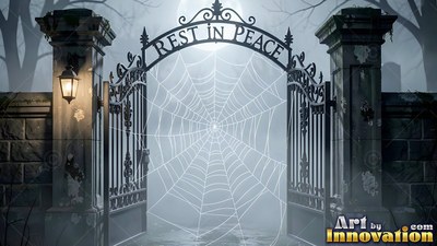 At a foggy cemetery entrance , a large spiderweb covers open iron gates