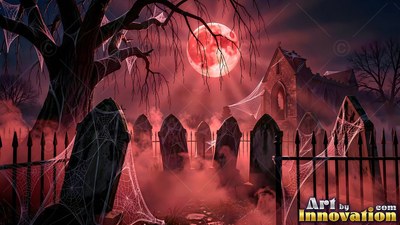 Shining under a blood red moon, a misty graveyard holds spiderwebbed tombstones