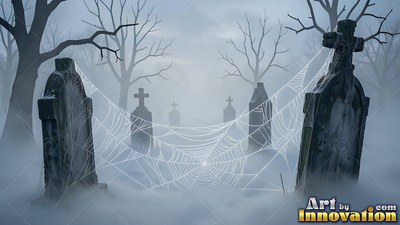 Spiderwebs stretch between dark headstones in blue fog