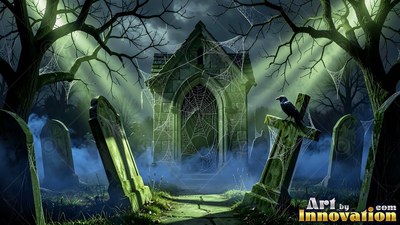 Spider webs cover a stone tomb surrounded by headstones in a foggy, green graveyard