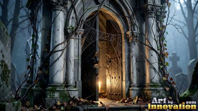 A stone mausoleum stands open in the fog, lit from inside by warm candlelight