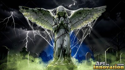 Kneeling in a graveyard, a winged stone angel is covered in cobwebs under lightning