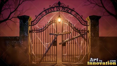 Cobwebbed cemetery iron gates stand chained shut under a lantern in reddish mist