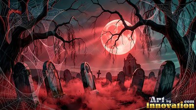 In a dark cemetery, tombstones sit under red moonlight and thick cobwebs