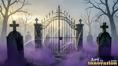 Standing shut in purple fog, an iron cemetery gate is covered in white spiderwebs