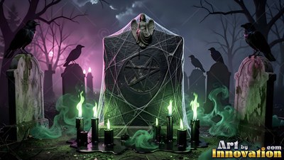Tombstone in cobwebs surrounded by green candles and crows