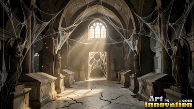 Carved stone wings line angel statues draped in white cobwebs inside a sunlit crypt