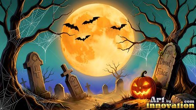 Bats fly across a large yellow moon above tombstones and a carved pumpkin under a teal sky