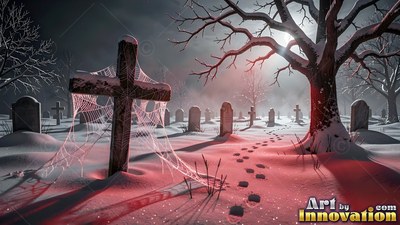 Tilted cross draped in webs in a snowy graveyard under red moonlight