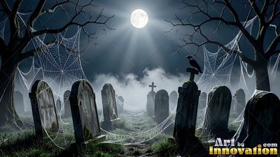 Cobwebs cover headstones in a dark cemetery lit by a bright round moon