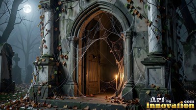 In a misty graveyard, a stone crypt doorway is covered in thick spider webs