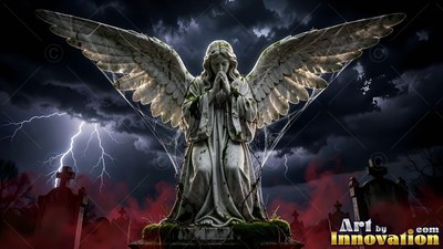 Praying with hands clasped, a stone angel statue rests in a stormy graveyard under lightning