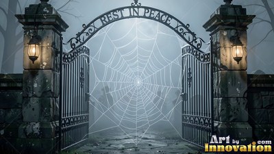 A large spider web stretches across an open iron cemetery gate in fog