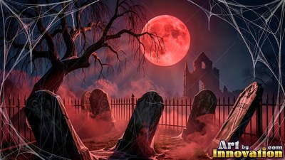 Thick cobwebs drape over dark tombstones in a graveyard in the fog under a red bright full moon