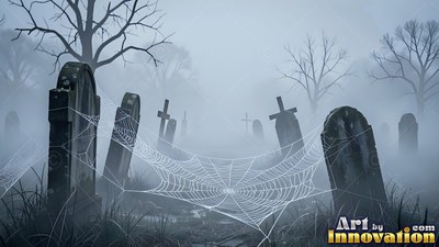 A thick spiderweb stretches across tilted tombstones in the dim gray fog