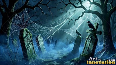 Perched on tombstones in a foggy graveyard, two black crows sit under spiderwebs