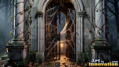 A stone crypt stands open with thick cobwebs stretched across iron gates in fog