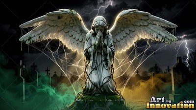 In a dark cemetery, a stone angel statue kneels with folded hands in cobwebs