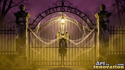 Covered in spiderwebs, an iron cemetery gate stands closed under yellow lantern light