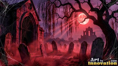 Graveyard with tombstones and a crypt under a red round moon