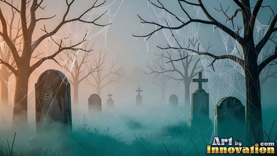 Spider webs stretch over bare tree branches and tombstones in a foggy blue graveyard