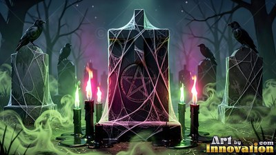 Web-covered tombstones stand beside burning candles under a soft green haze