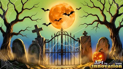 A graveyard gate under a large full moon with bats and a lit pumpkin