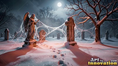 In a snowy cemetery, a stone angel and tombstones are covered in spiderwebs under the moon
