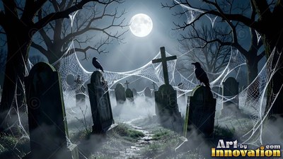 Perching on web-covered gravestones, two black crows sit in a foggy cemetery under a moon