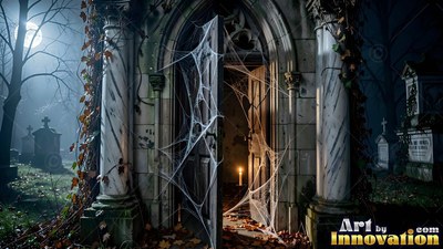 Open crypt doors covered in spiderwebs under moonlight
