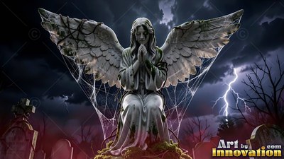 Cobwebs clinging to draped stone robes cover a kneeling angel in a stormy graveyard at night