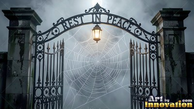 Cemetery gates stand open under a lantern with a spiderweb in the gray fog