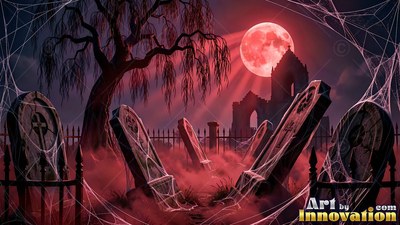 Leaning backward in a foggy graveyard, tombstones sit under a red moon