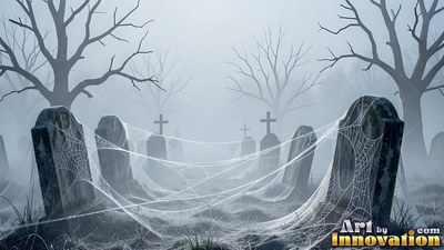 Thick spiderwebs stretch across old gray tombstones in a foggy cemetery