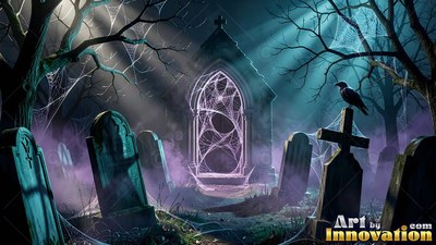 In a foggy graveyard, a black raven perches on a cross headstone by a crypt doorway