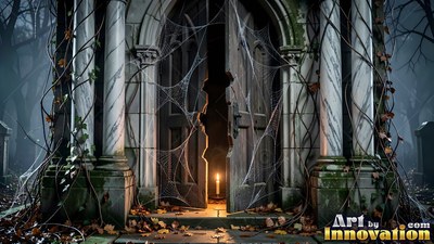 Standing open under cobwebs, a stone crypt door reveals a single lit candle inside