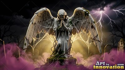 Stone praying angel in a dark cemetery with pink smoke and lightning