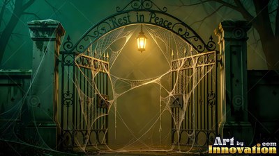 Thick cobwebs stretch over an open wrought-iron graveyard gate lit by a yellow lantern in dark fog