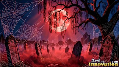 A cemetery sits under spider webs beneath a large red full moon