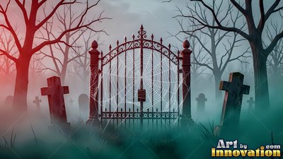 Facing forward, an iron cemetery gate stands in green fog with web strands
