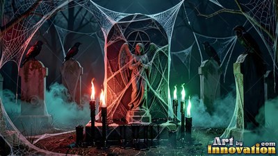 An angel tombstone covered in thick spider webs sits between burning torches in green fog