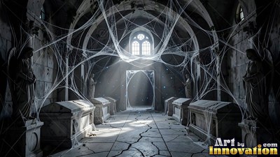 Inside a vaulted stone crypt, thick cobwebs drape over tombs and angel statues