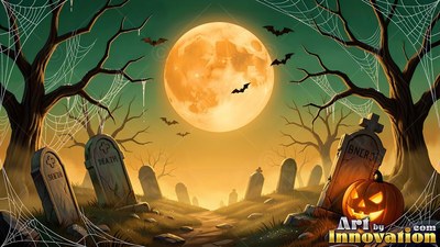 Shining over a misty graveyard, a bright full moon rises behind tombstones and webs