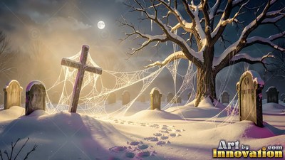Spiderwebs on a cross and bare tree in a snowy graveyard under a moon